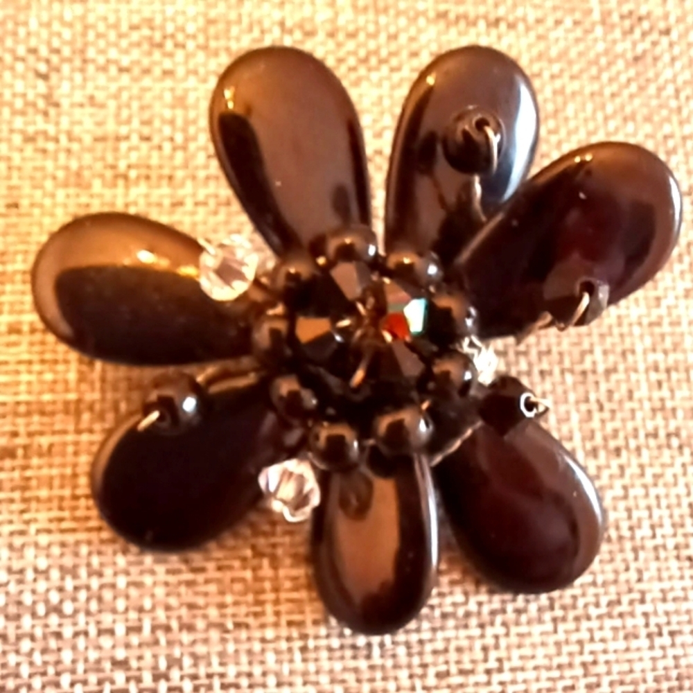 Black Flower Brooch w/ Swarovski and Czech Glass Beads - New Item (1.5")